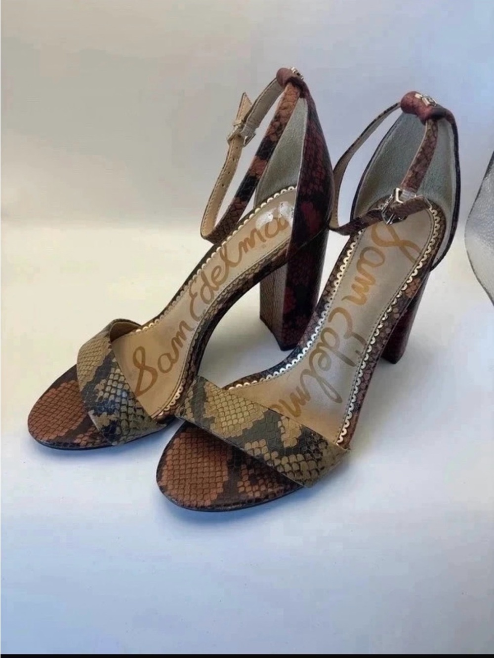 Sam Edelman Brown Snake-Print Block Heel Sandals with Ankle Strap